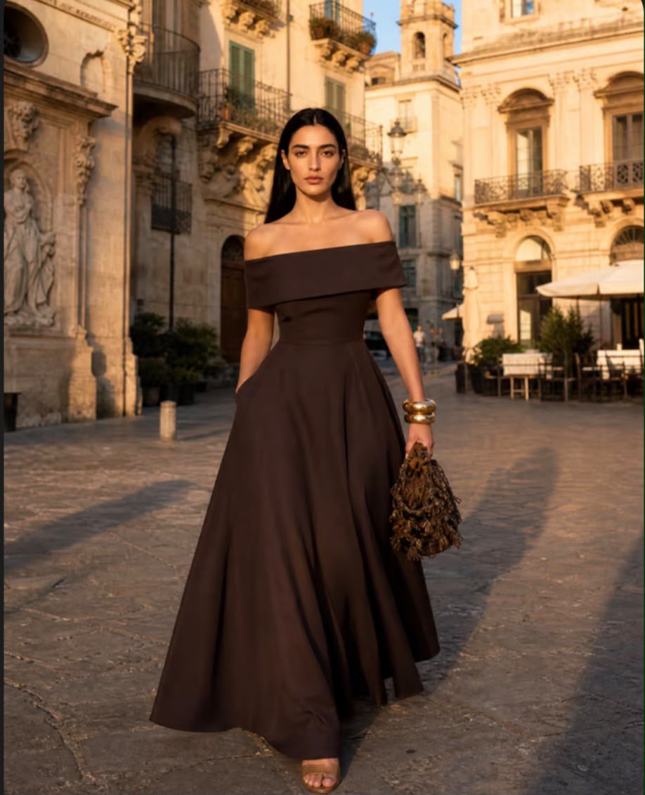 Vestido Midi Ombro a Ombro Castanho Chocolate – Elegância Estruturada com Bolsos