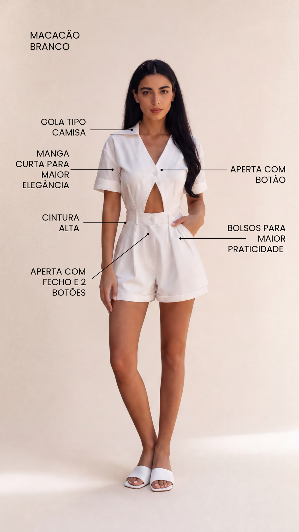Macacão Branco de Calção com Cintura Alta e Bolsos