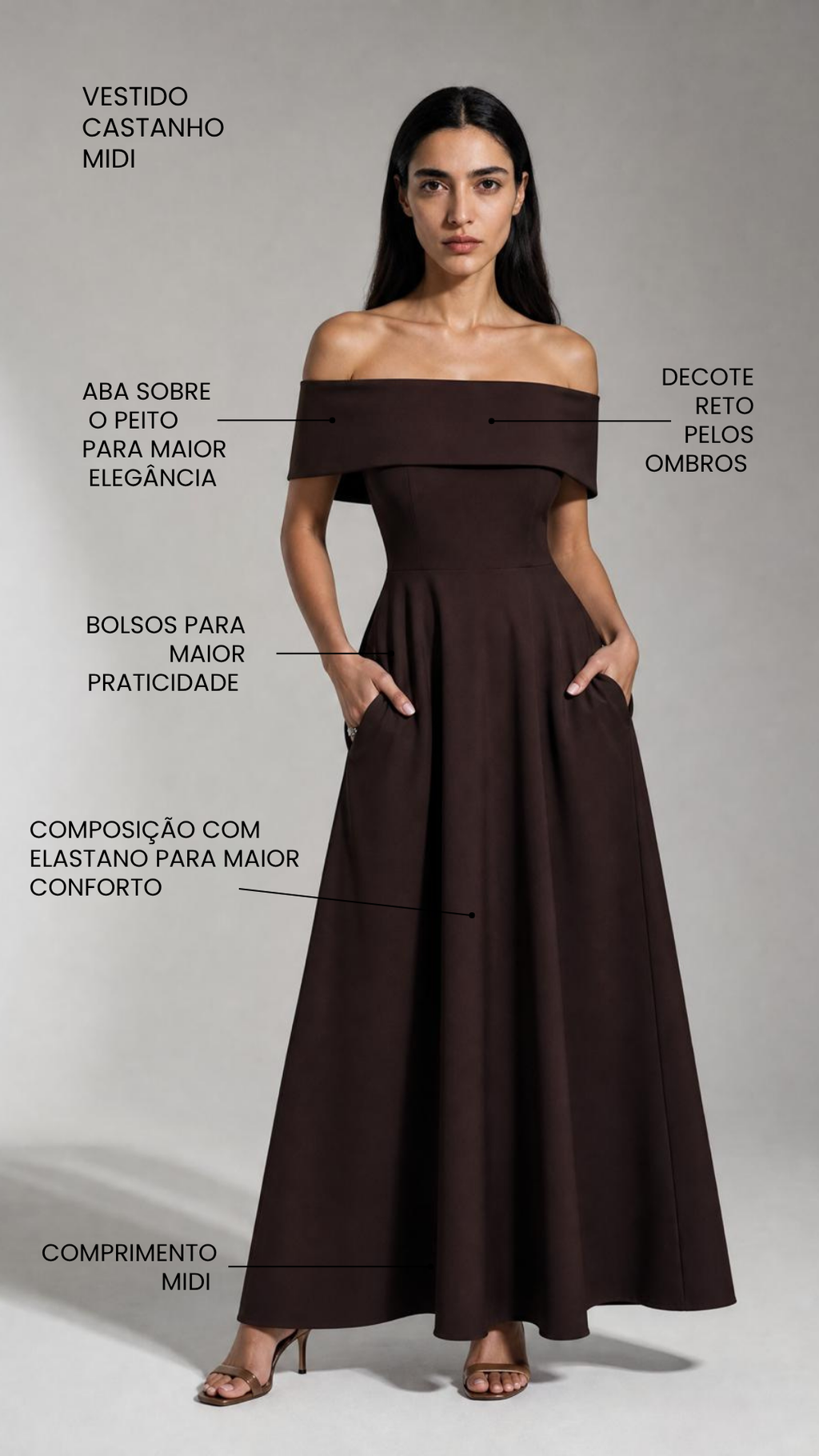 Vestido Midi Ombro a Ombro Castanho Chocolate – Elegância Estruturada com Bolsos