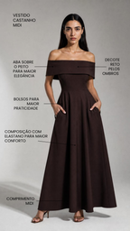 Vestido Midi Ombro a Ombro Castanho Chocolate – Elegância Estruturada com Bolsos