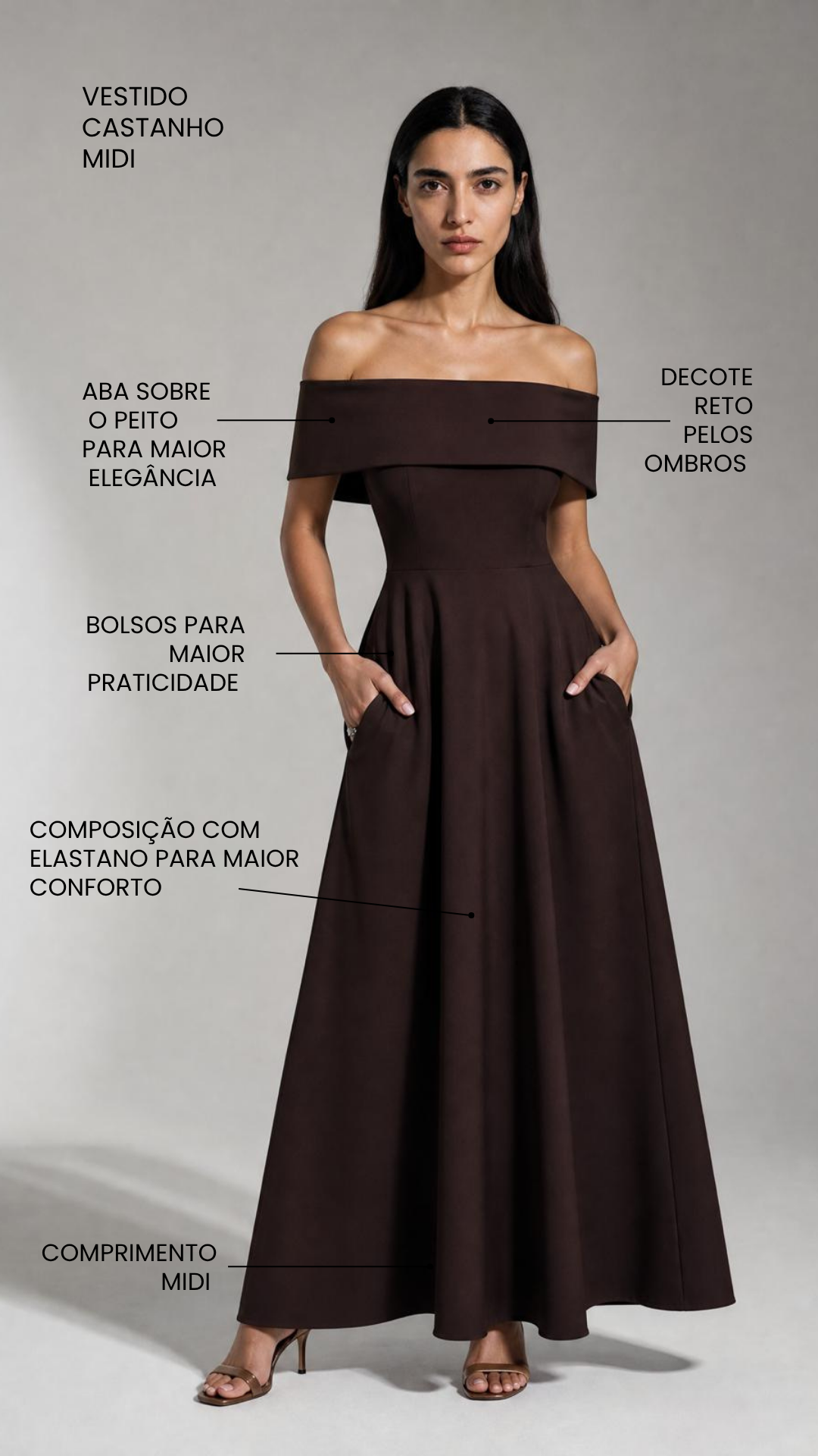 Vestido Midi Ombro a Ombro Castanho Chocolate – Elegância Estruturada com Bolsos