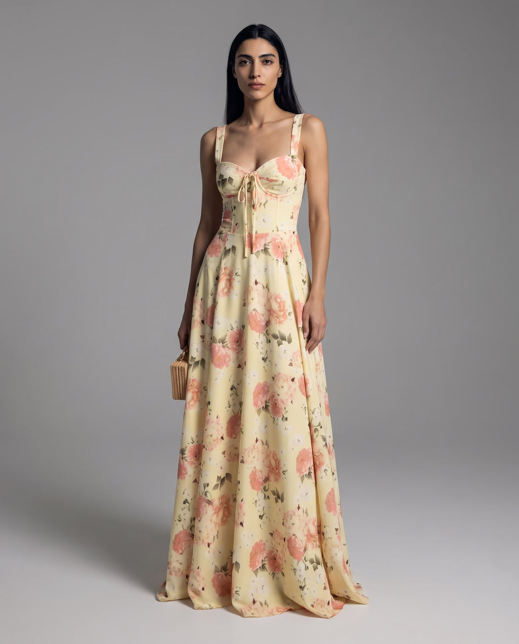 Vestido Longo Amarelo Florido com Corpete e Saia Volumosa