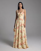 Vestido Longo Amarelo Florido com Corpete e Saia Volumosa