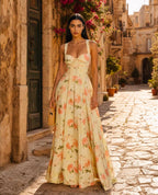 Vestido Longo Amarelo Florido com Corpete e Saia Volumosa