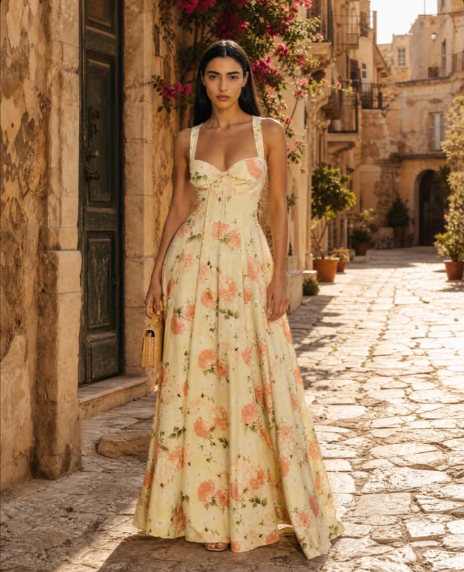 Vestido Longo Amarelo Florido com Corpete e Saia Volumosa