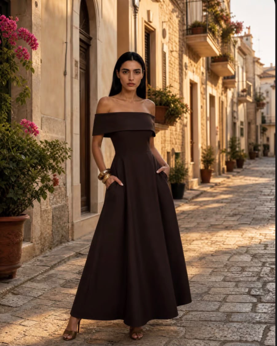 Vestido Midi Ombro a Ombro Castanho Chocolate – Elegância Estruturada com Bolsos