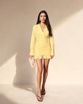 Vestido Blazer Amarelo Curto com Saia Drapeada e Folho