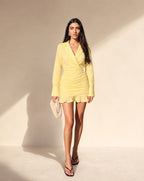 Vestido Blazer Amarelo Curto com Saia Drapeada e Folho