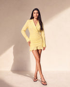 Vestido Blazer Amarelo Curto com Saia Drapeada e Folho