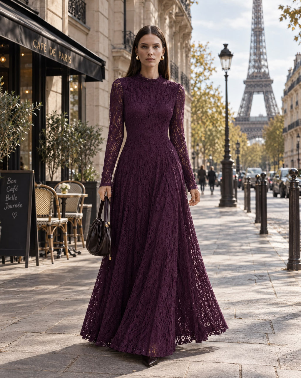 Vestido Comprido Roxo de Renda com Manga Comprida