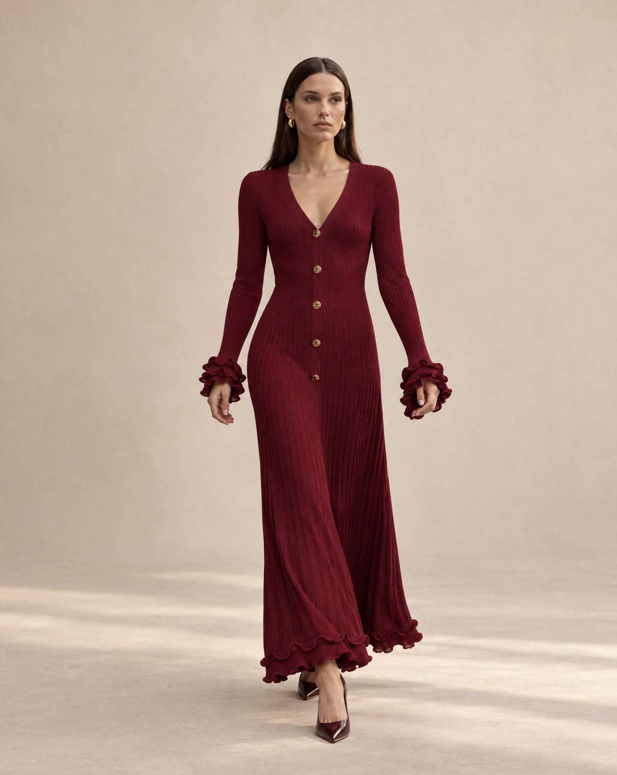 Vestido Bordeaux de Malha com Botões Dourados