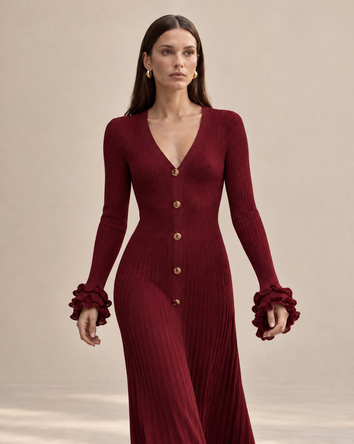 Vestido Bordeaux de Malha com Botões Dourados