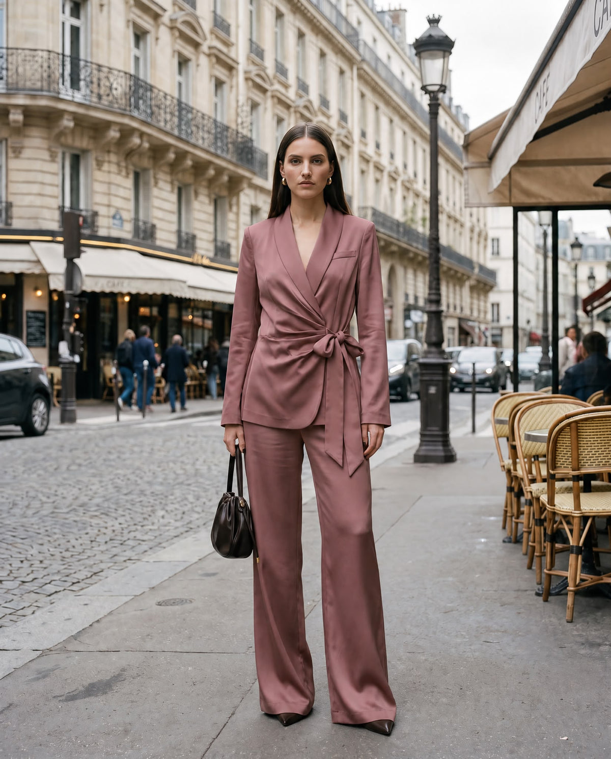 Fato Rosa Velho Acetinado com Blazer de Laço e Calças Largas