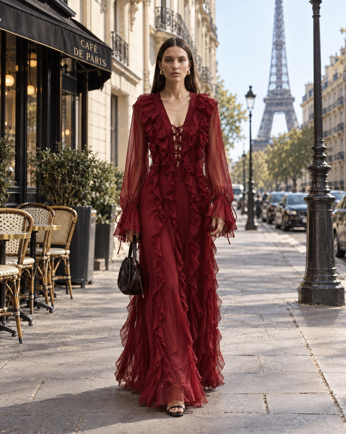 Vestido Comprido Bordeaux com Folhos, Decote em V e Mangas Compridas