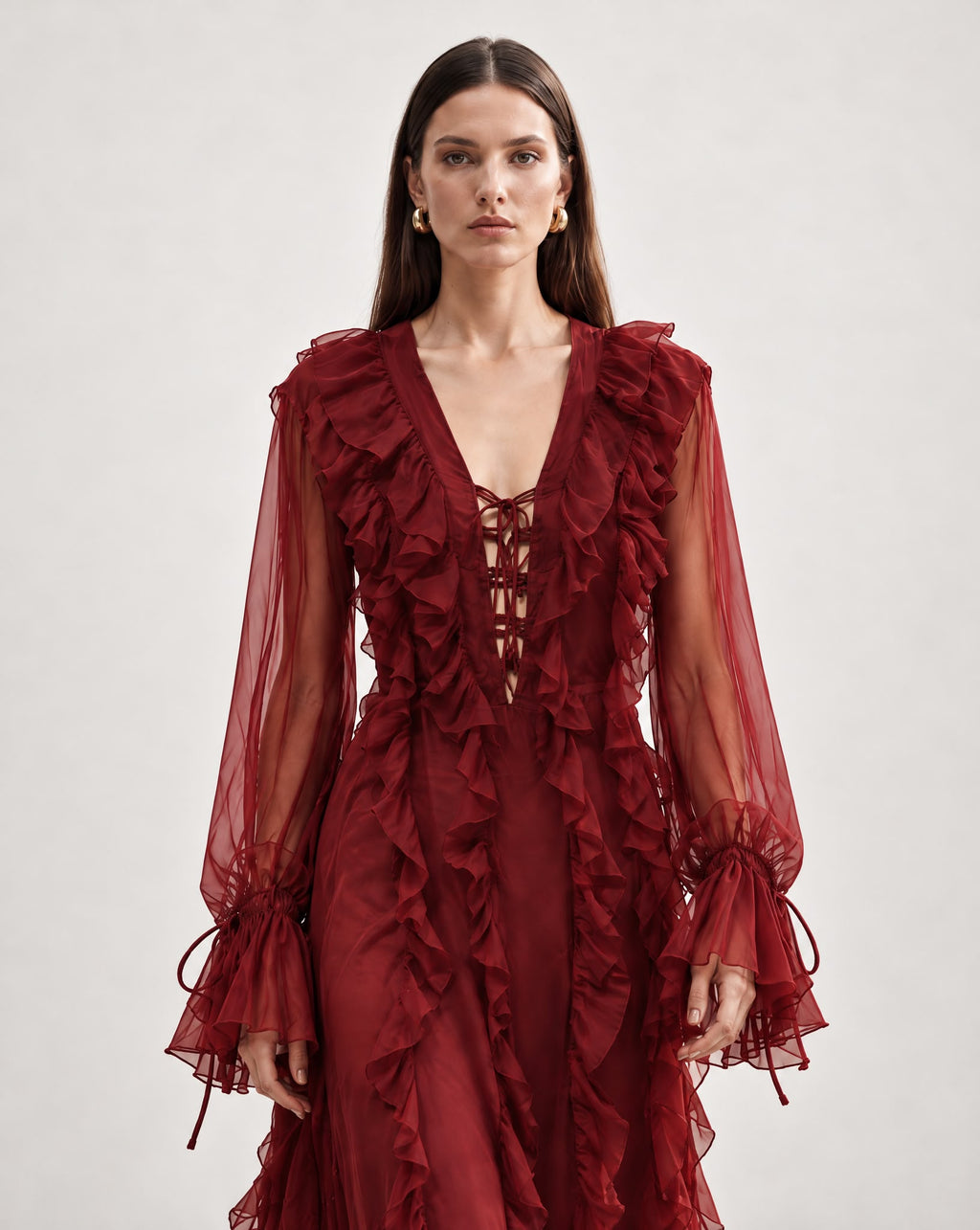 Vestido Comprido Bordeaux com Folhos, Decote em V e Mangas Compridas