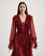 Vestido Comprido Bordeaux com Folhos, Decote em V e Mangas Compridas