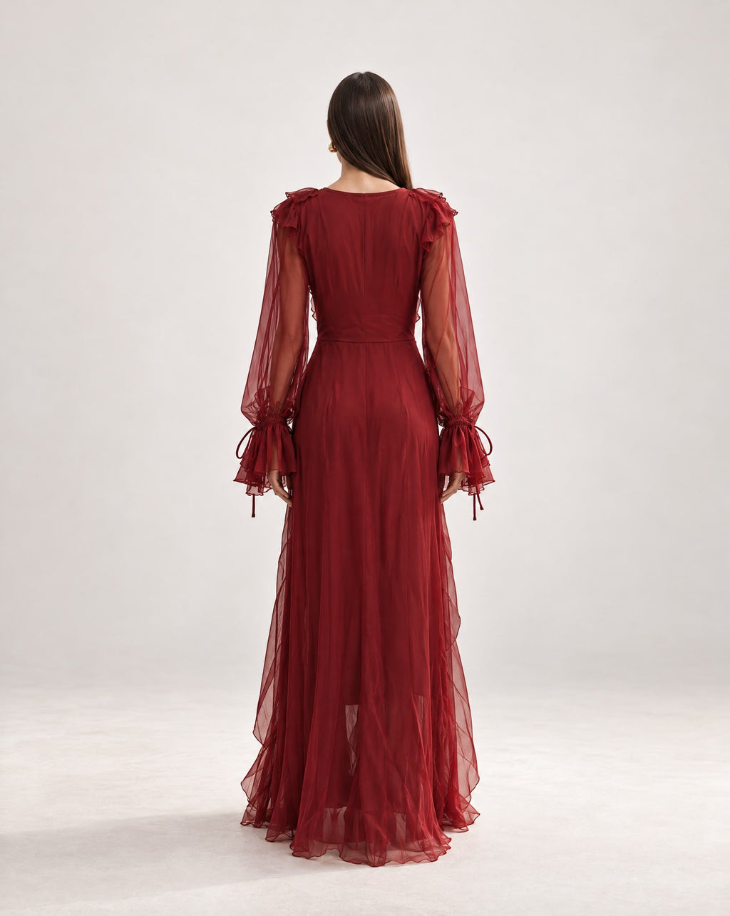 Vestido Comprido Bordeaux com Folhos, Decote em V e Mangas Compridas