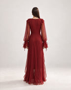 Vestido Comprido Bordeaux com Folhos, Decote em V e Mangas Compridas