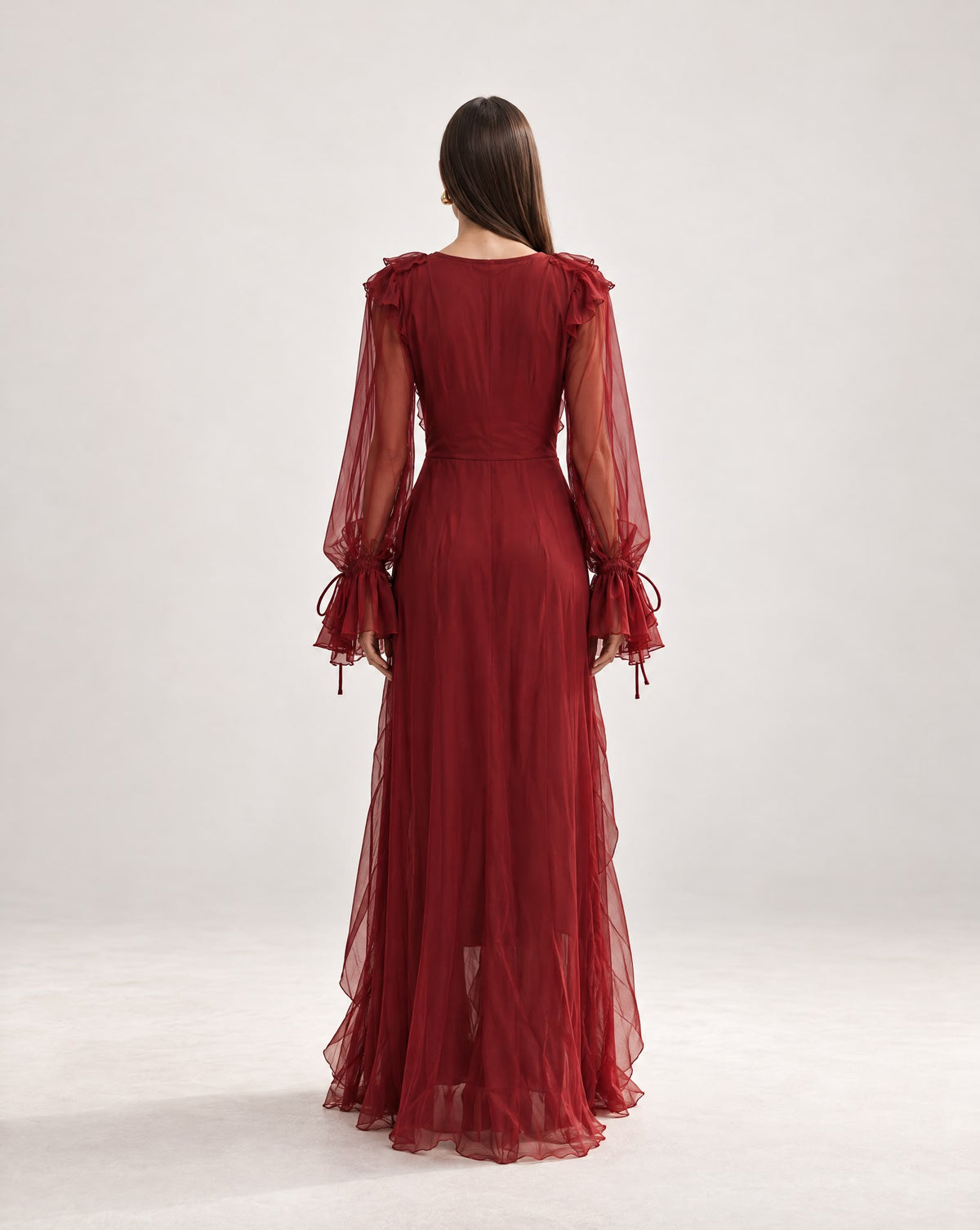 Vestido Comprido Bordeaux com Folhos, Decote em V e Mangas Compridas