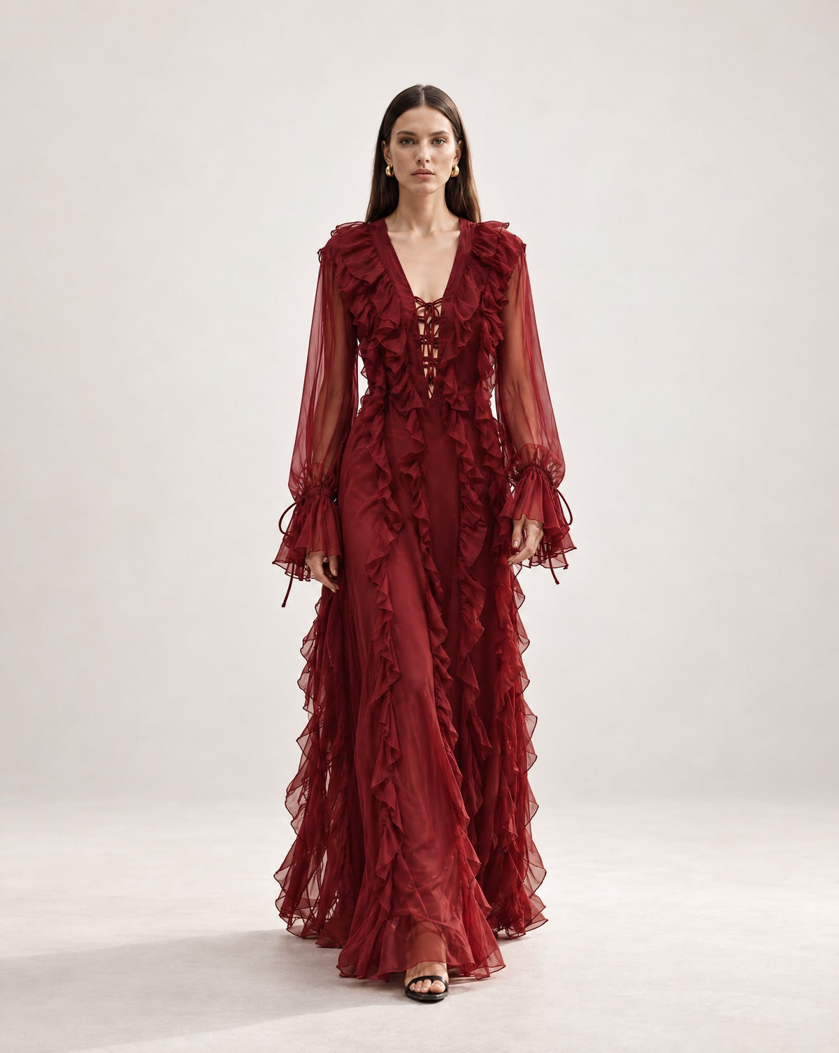 Vestido Comprido Bordeaux com Folhos, Decote em V e Mangas Compridas
