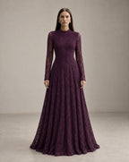 Vestido Comprido Roxo de Renda com Manga Comprida