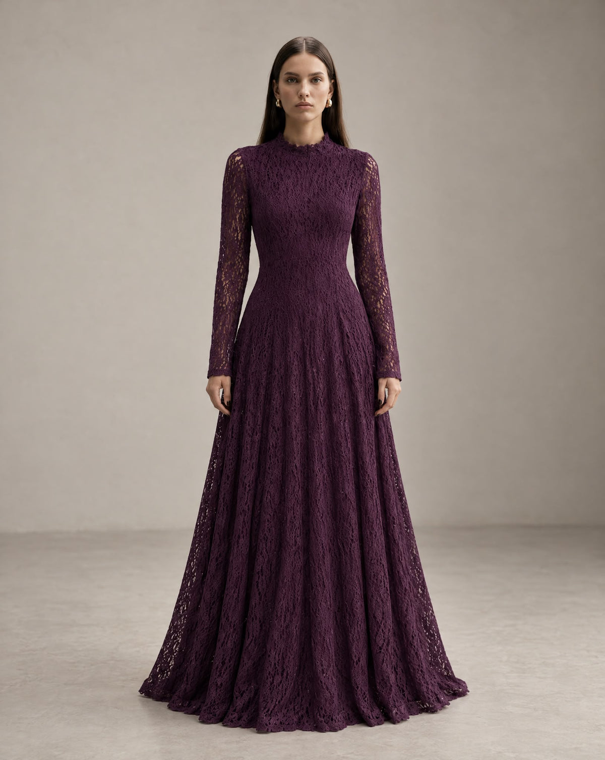 Vestido Comprido Roxo de Renda com Manga Comprida