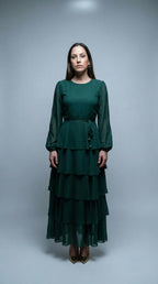 Vestido Verde com Folhos e Renda nas Mangas