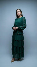Vestido Verde com Folhos e Renda nas Mangas