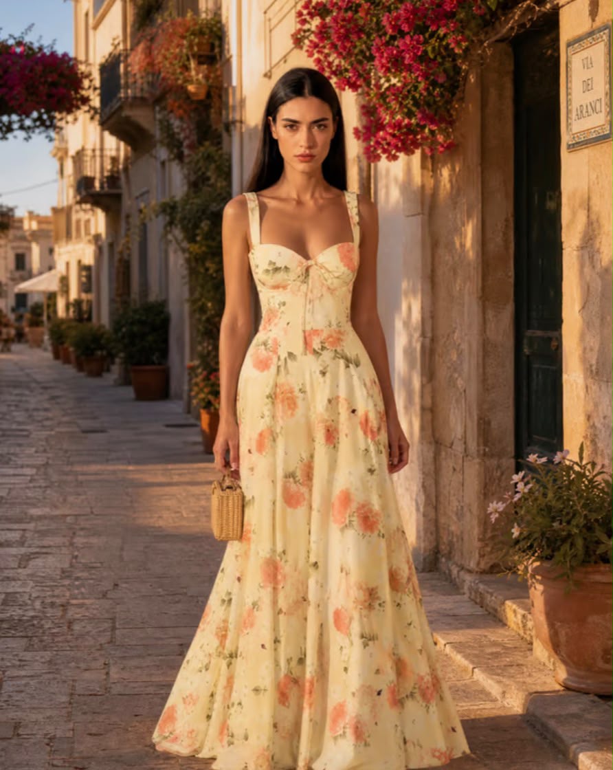 Vestido Longo Amarelo Florido com Corpete e Saia Volumosa