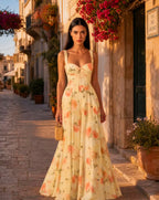 Vestido Longo Amarelo Florido com Corpete e Saia Volumosa