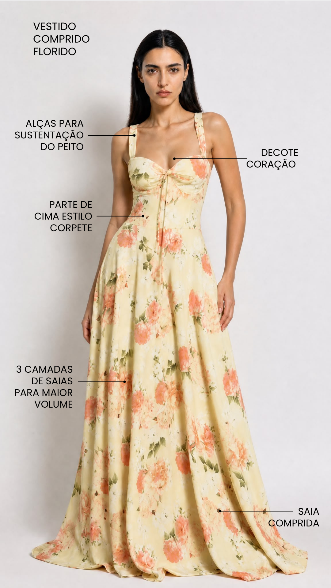 Vestido Longo Amarelo Florido com Corpete e Saia Volumosa