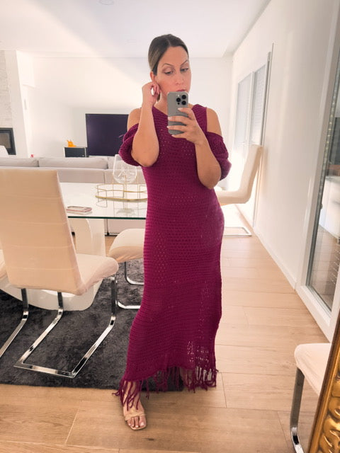 VESTIDO COMPRIDO AMEIXA COM FRANJAS