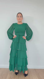 Vestido Verde com Folhos e Renda nas Mangas
