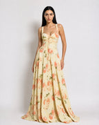 Vestido Longo Amarelo Florido com Corpete e Saia Volumosa